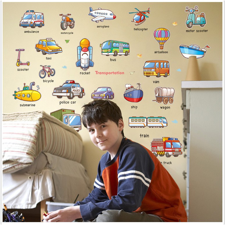 Tranh decal, decal dán tường trang trí phòng cho bé vừa giúp con nhận biết sớm các phương tiện giao thông TE24