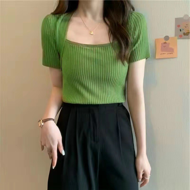 Áo thun gân body tay ngắn cổ vuông chéo kín nhiều màu cực hot MC123