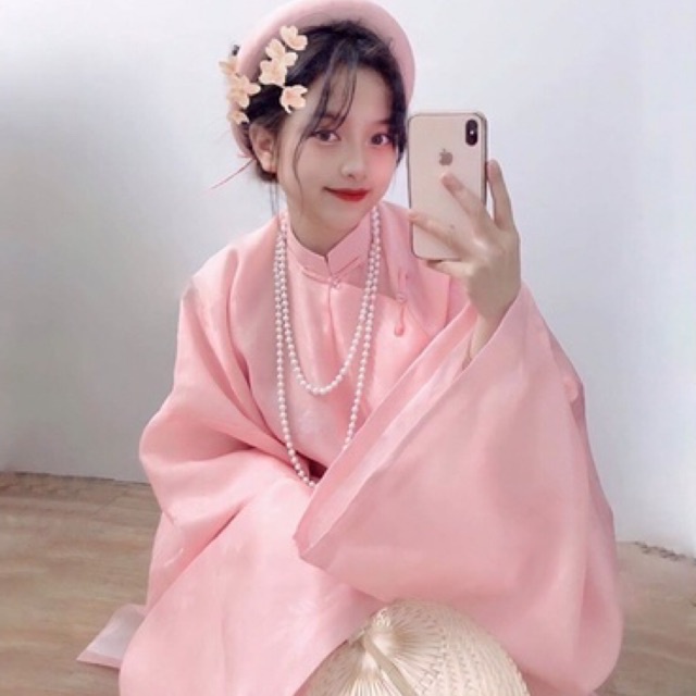 Áo Tấc Sa Hàn màu xanh ,hồng hoa chìm ,ngũ thân tay thụng, Việt phục thời Nguyễn