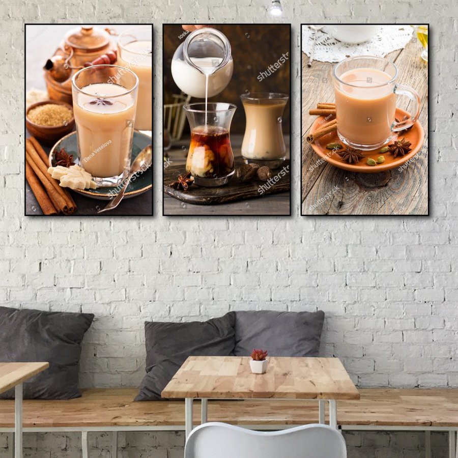 Bộ 3 Tranh treo tường decor ly trà mang lại không gian sáng tạo cho quán bạn - kèm khung tranh và tặng đinh 3 chân
