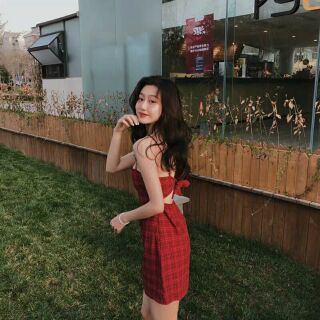 Váy 2 dâyngắn caro đỏ, thắt nơ sau (hàng od taobao)