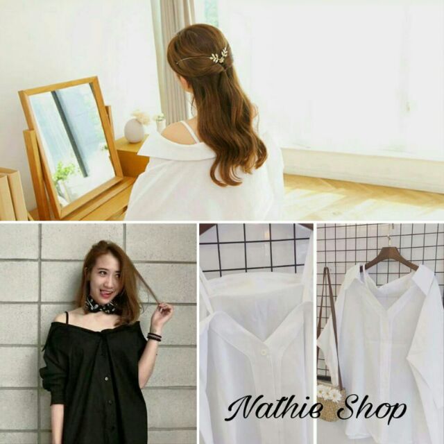 Sơ mi trễ vai 2 màu đen và trắng | BigBuy360 - bigbuy360.vn