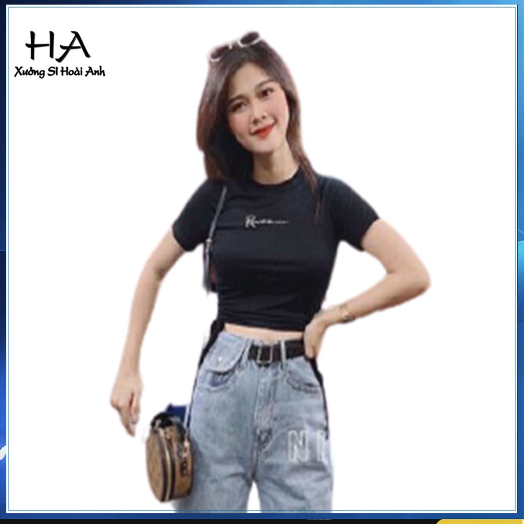 Áo Croptop Tay Ngắn Thun Body Dây Rút 2 Bên Eo Trắng / Đen Thêu Chữ - Áo Croptop Cổ Tròn | BigBuy360 - bigbuy360.vn