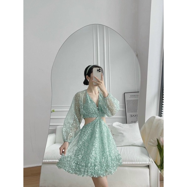 Đầm hoa xanh nổi tơ lót tay dài hở/khoét/cut eo lưng, váy ngắn hot girl dễ thương nhẹ nhàng đi chơi dạo phố du lịch