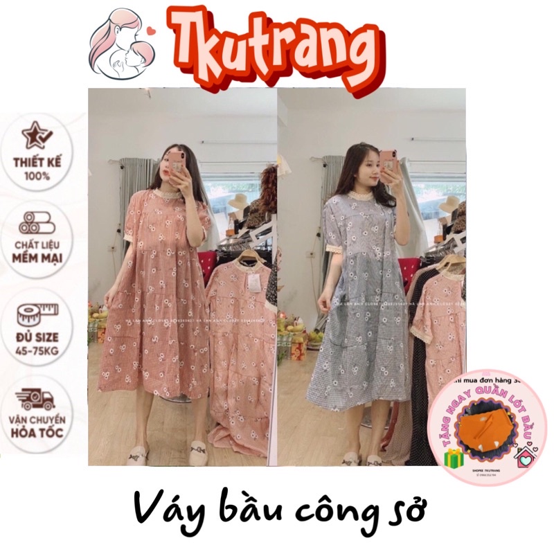 Váy bầu thiết kế hoa ren cổ nhã nhặn