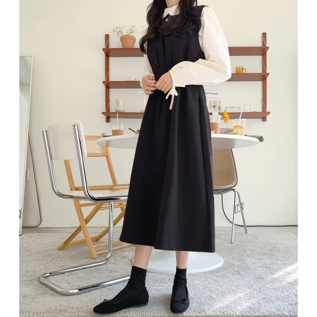 32523 Bộ Áo Sơ Mi Dài Tay Cổ Búp Bê + Đầm Yếm Trơn Màu Xinh Xắn Dành Cho Nữ