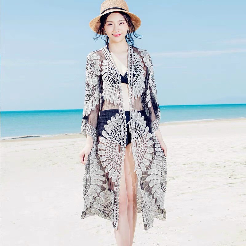 Áo kimono đi biển áo choàng đi biển dài hoa cúc