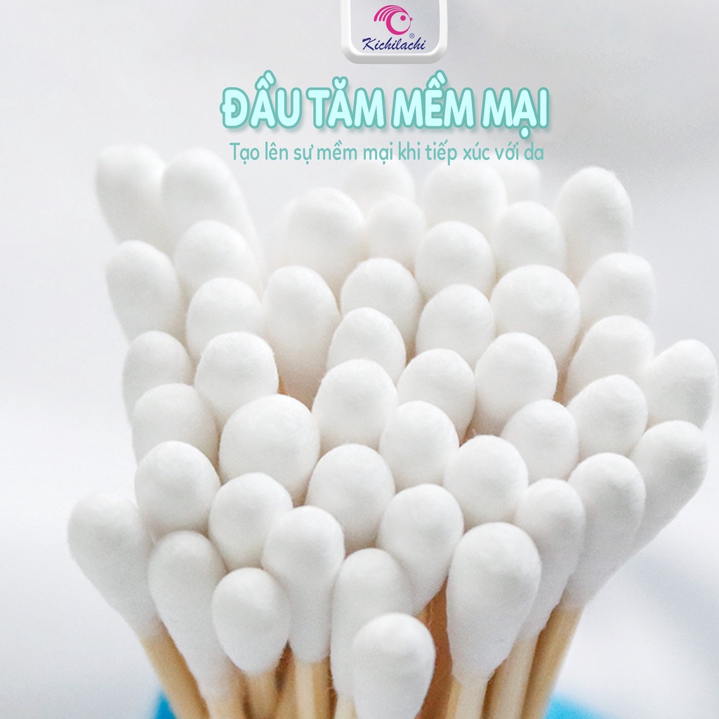 Tăm Bông Gói Kichi 100pcs Que Gỗ 100% Cotton Cao Cấp Người Lớn