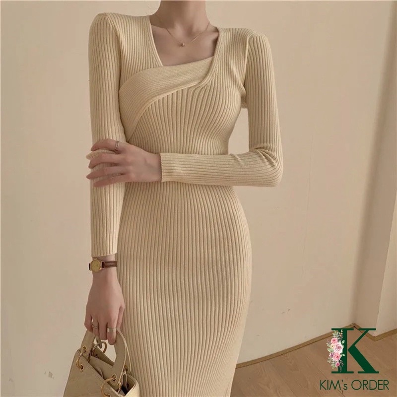 Váy Len Nữ Body Đen Be Nâu Vạt Chéo Dáng Dài Nữ Tính Nhẹ Nhàng Tiểu Thư Sang Chảnh Phong Cách Hàn Quốc