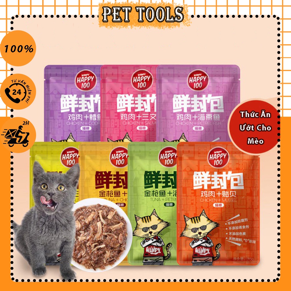 Pate Wanpy Happy 100 thức ăn dinh dưỡng cho mèo dạng soup gói 70gr với nhiều vị hấp dẫn PET TOOLS