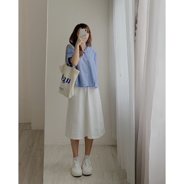 Áo sơ mi nữ kiểu kẻ sọc, Áo sơ mi tay ngắn phối cúc lưng ulzzang phong cách Hàn Quốc hottrend