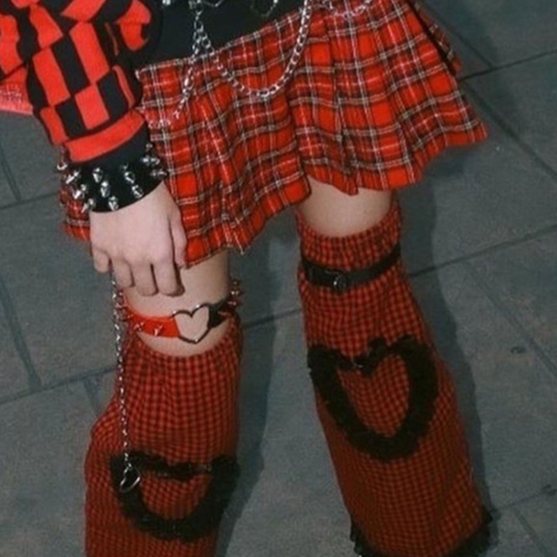 Xiangbao Vớ Cao Đến Đầu Gối Phối Ren Họa Tiết Kẻ Sọc Phong Cách Gothic Punk Giữ Ấm Chân Có Khóa Cài Hình Trái Tim