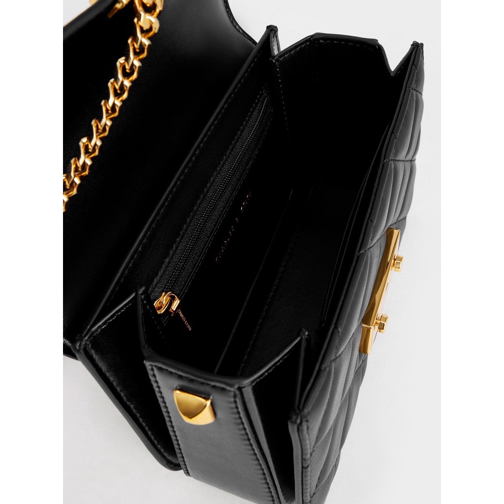 Túi đeo chéo nữ xích vàng da trám Charles & Keith mới | Auth - Order Sing - Ảnh thật