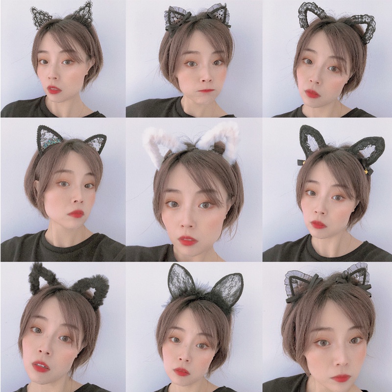 Băng đô AISHG kiểu tai mèo nhung trắng đen phong cách Hàn Quốc cho nữ