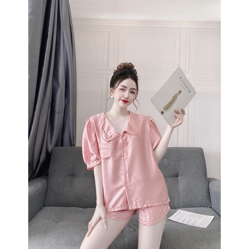[ Lụa Cao Cấp ] Đồ ngủ tiêu thư dễ thương tay ngắn cổ thêu gợi cảm mặc nhà chất liệu lụa satin mềm mịn 038 | BigBuy360 - bigbuy360.vn