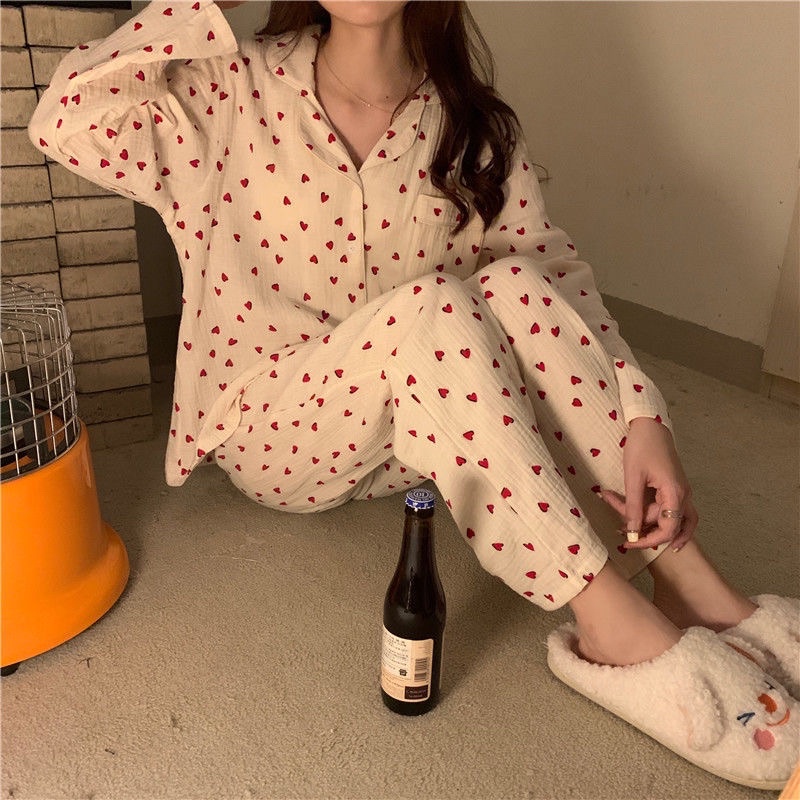 [CÓ SẴN] Đồ Ngủ Pijama dài tay quần dài trái tim đỏ hè thu đông mặc nhà Hàn Quốc ullzang