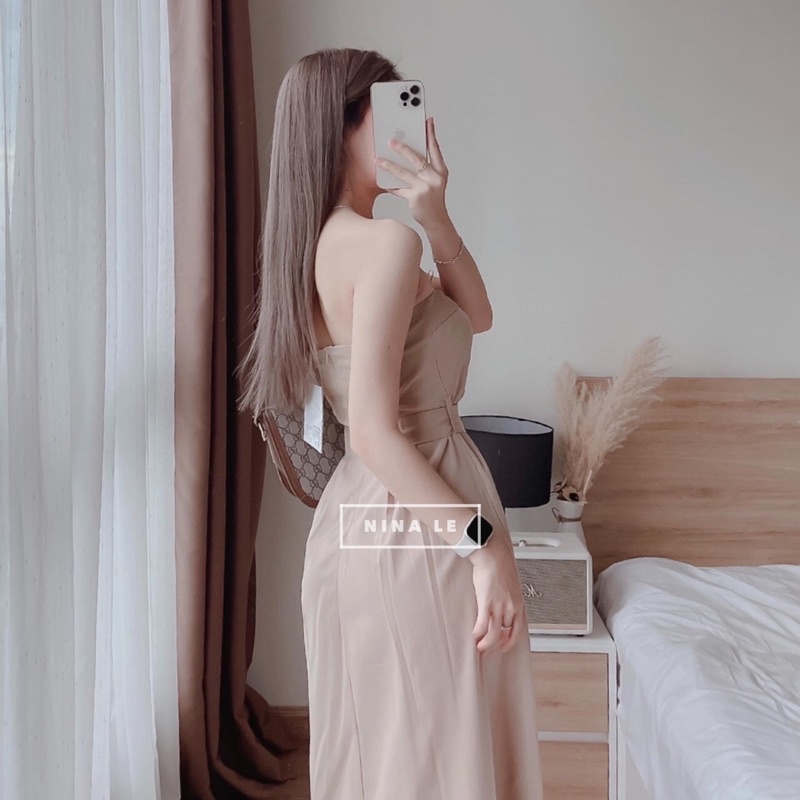 Đầm maxi phối nút cột eo