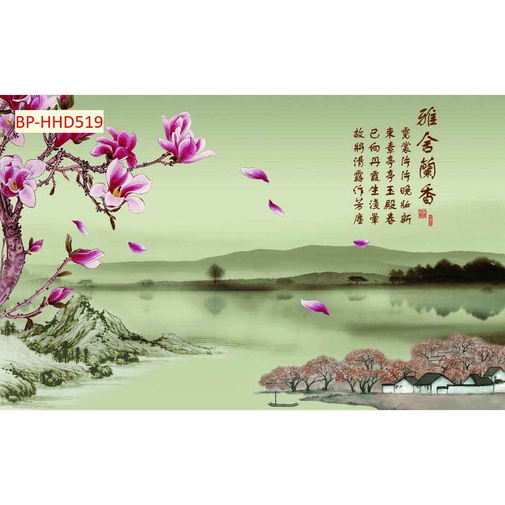 Tranh hoa mộc lan dán tường vải lụa 3d siêu bền đẹp phong cách huyền ảo