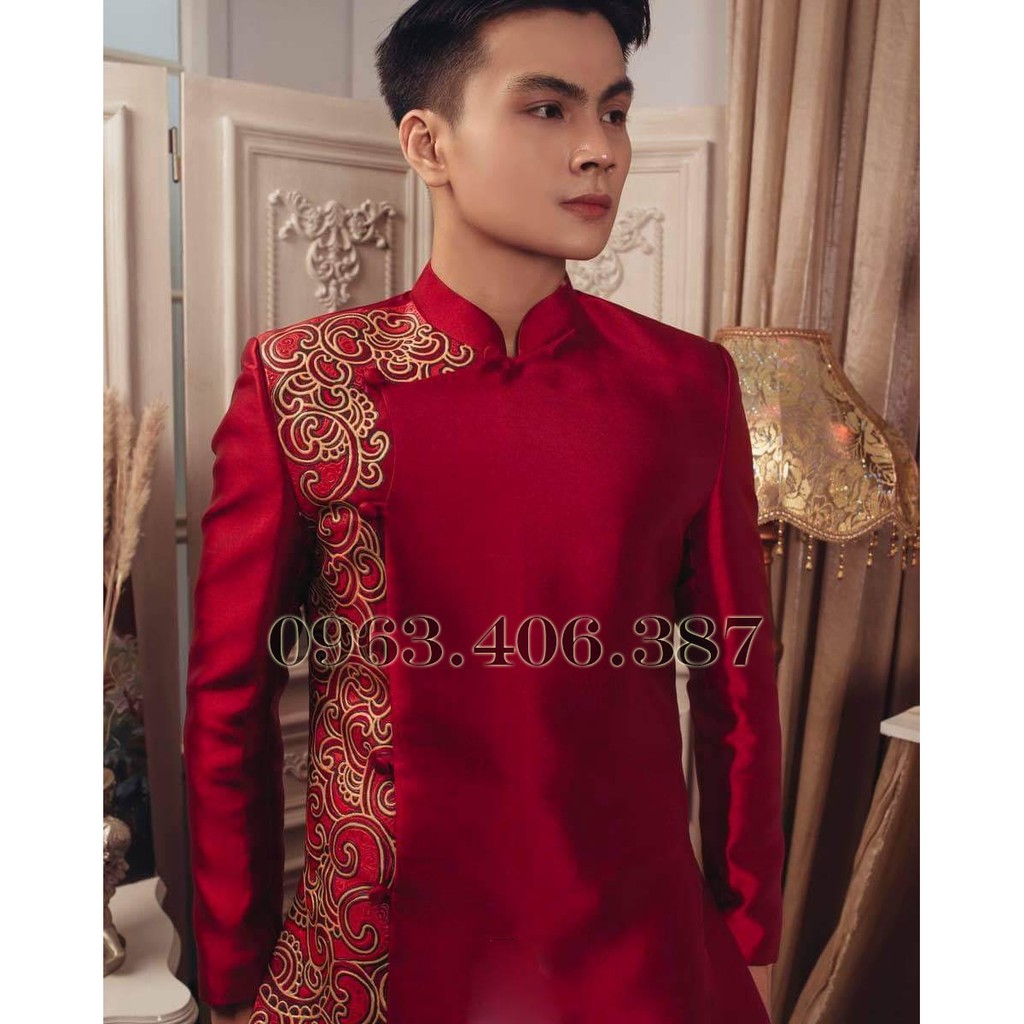 Áo dài cách tân nam phối Gấm đơn giản, sang trọng