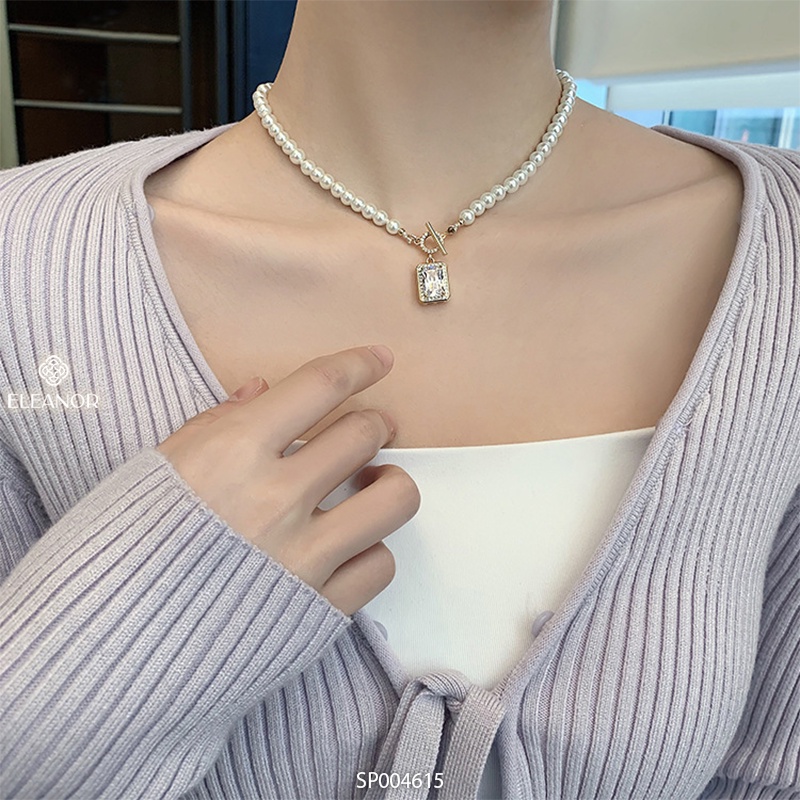Dây chuyền nữ ngọc trai nhân tạo Eleanor Accessories mặt vuông đính đá phụ kiện trang sức 4615