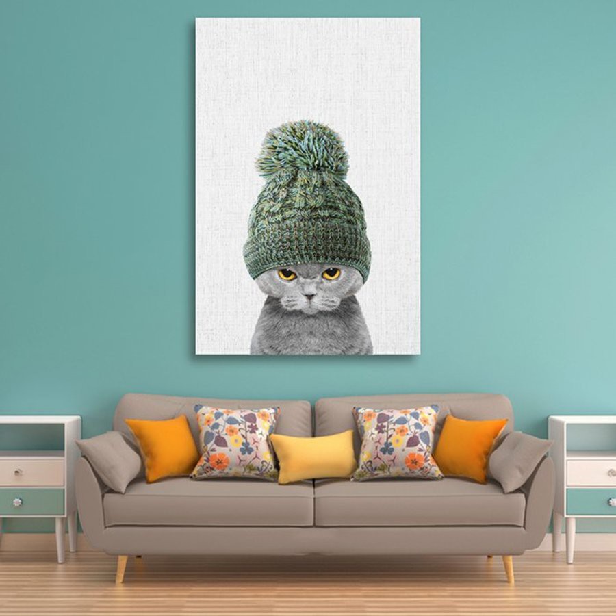 Tranh canvas treo tường bé mèo đội nón len - Tặng kèm đinh đa năng không cần khoan tường
