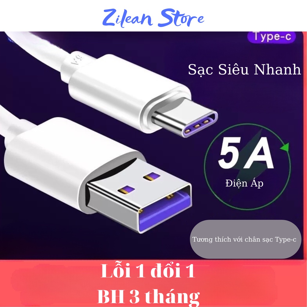 Dây cáp sạc USB Type C 5A cổng Type C sạc nhanh,Dây sạc Nhanh Type C dài 1m màu trắng,đen,Bảo Hành 3 tháng..Zilean