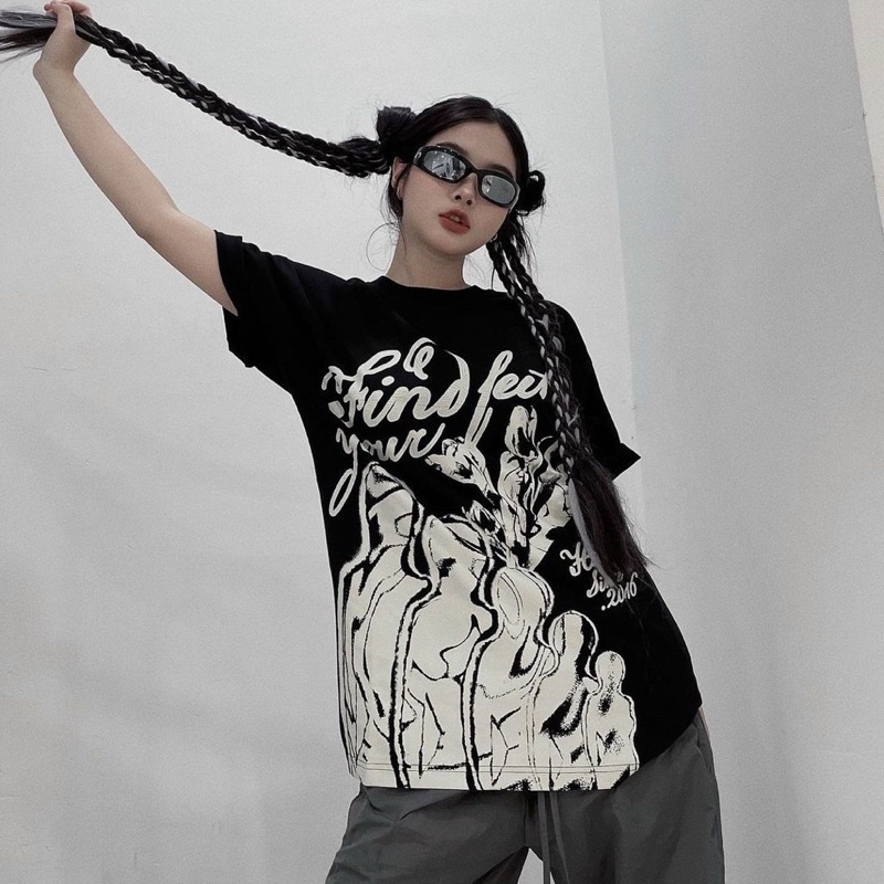 Áo Thun Tay Lỡ Unisex FIND YOUR FEET màu ĐEN 🏁 /Nam nữ unisex/ Áo phông cổ tròn form rộng Jaystoree 🖤