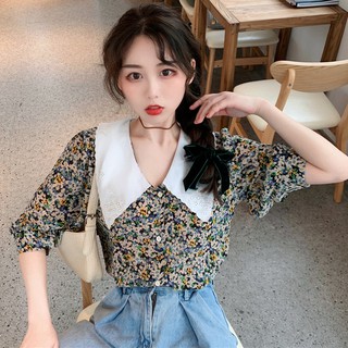 (ORDER) Áo sơ mi nữ voan hoa nhí cộc tay cổ bẻ búp bê điệu đà đáng yêu style Hàn Quốc