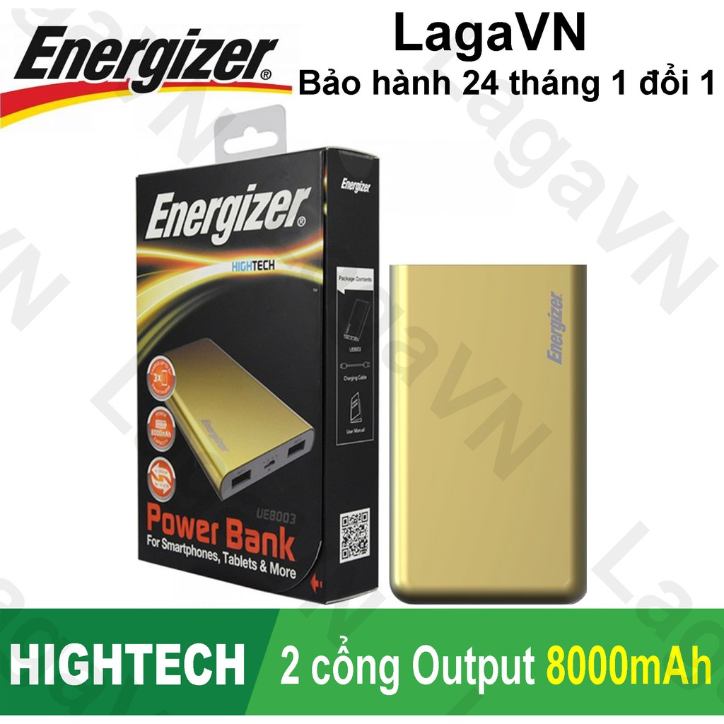 Pin sạc dự phòng Energizer 8000mAh Li-Po 2 cổng Output - UE8003 (Vàng Đồng)