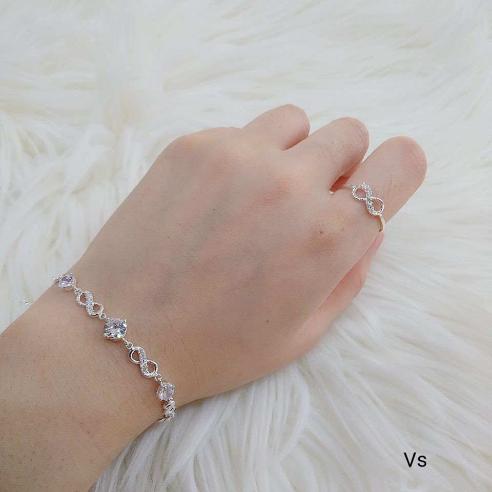 Bộ trang sức bạc ta gồm nhẫn và lắc tay vô cực gắn đá nhỏ - Bibi silver - BBS