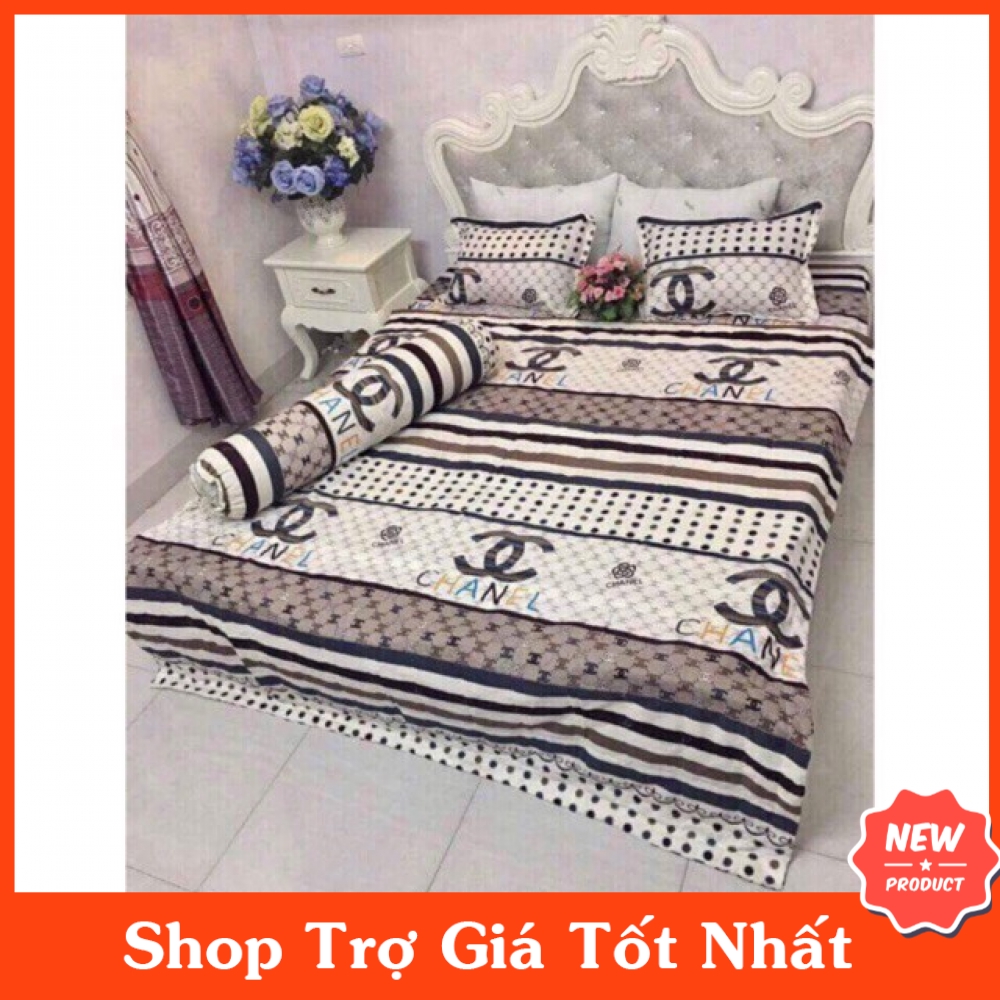 Bộ 5 Món Chăn Hè Ga Gối - Drap Giường Cotton Poly Chanel Xám Chấm Bi BACHOAGIADUNG