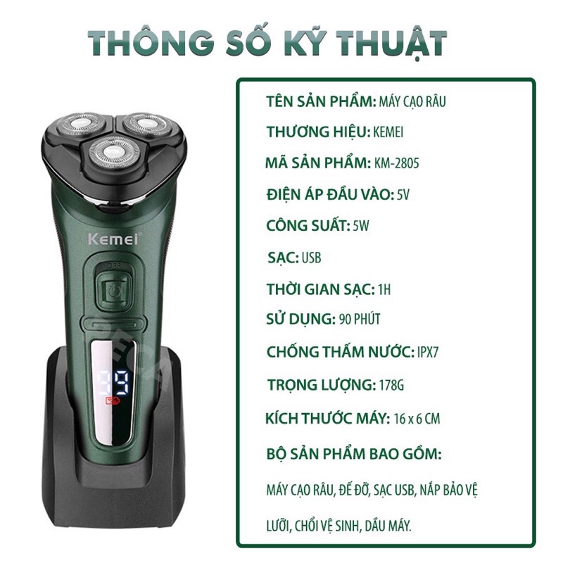 Máy cạo râu kemei-2805 chuẩn chống nước IPX7 sạc usb