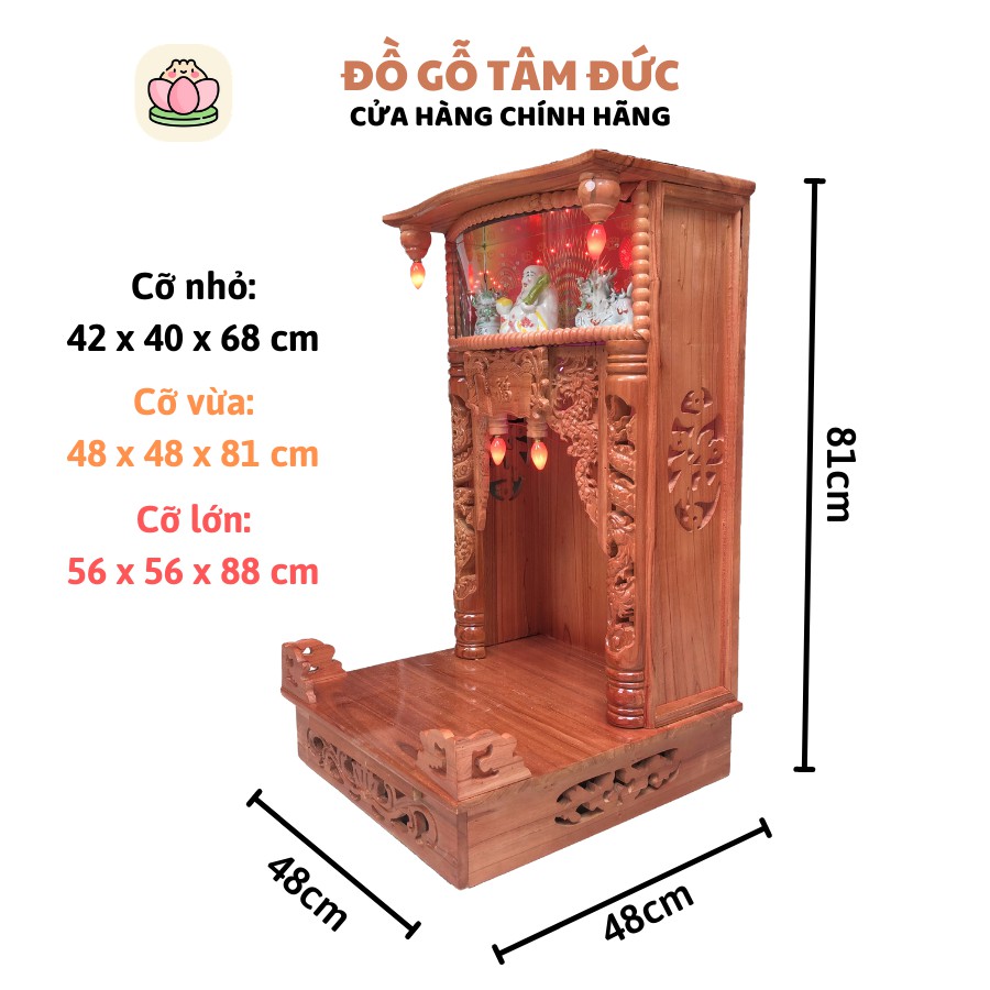 Bàn thờ ông địa thần tài ngang 48cm hộp đèn ông di lặc chân vuông Tâm Đức gỗ xoan đào tặng bộ đèn (BH-6tháng)