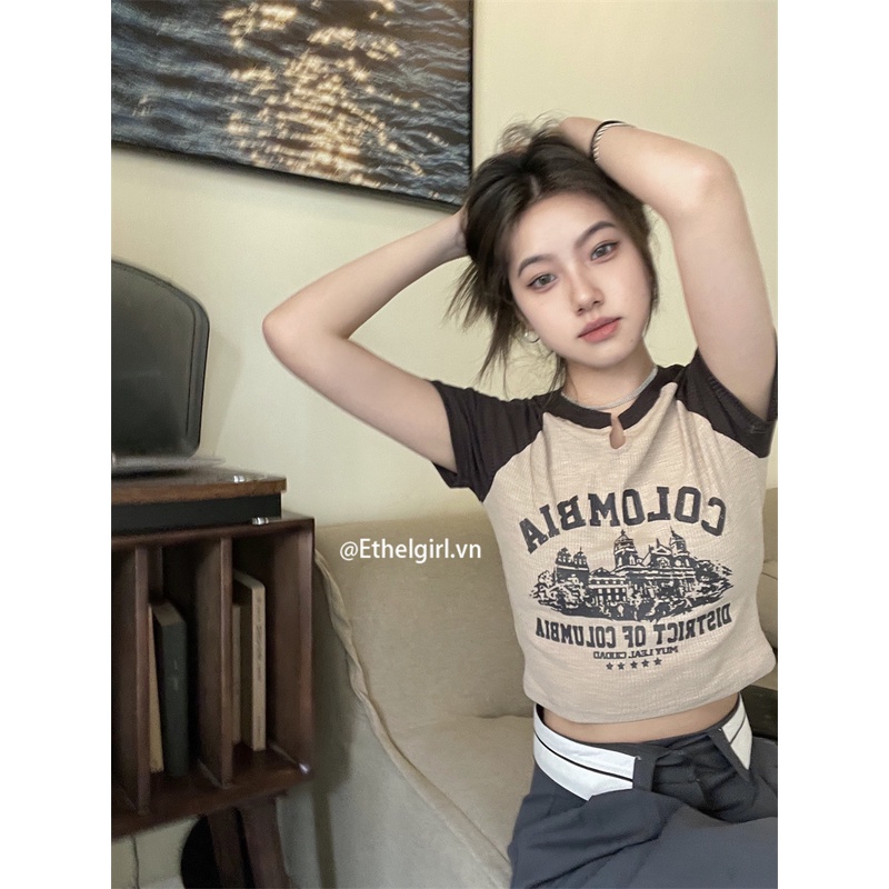 Áo Croptop Tay Ngắn Cổ Chữ V Thiết Kế Mỏng Quyến Rũ Thời Trang Theo Phong Cách Mỹ Cho