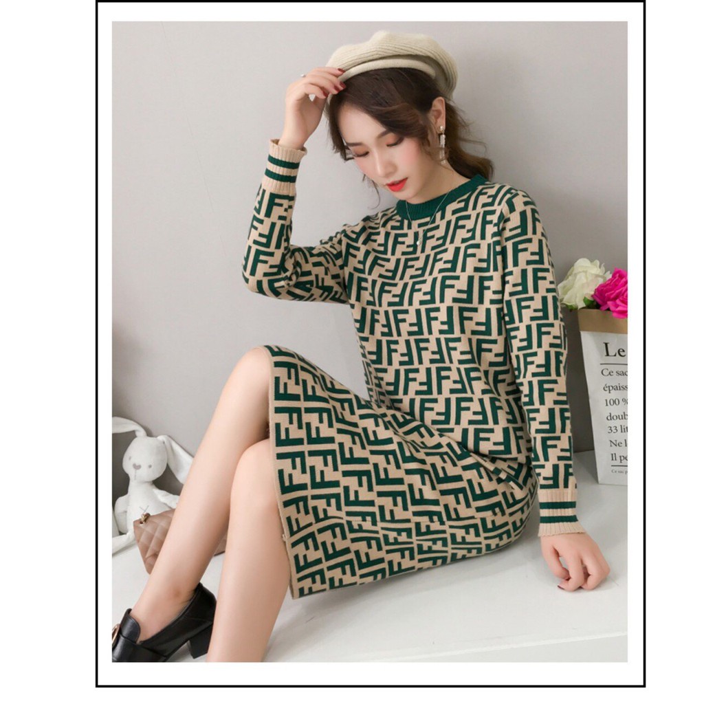 [GIÁ SIÊU RẺ] SET LEN ÁO TAY DÀI CHÂN VÁY CHỮ F CÁ TÍNH SL1325