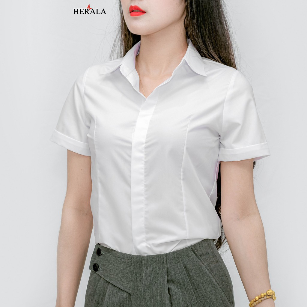 Áo sơ mi thời trang công sở Herala tay ngắn trắng , thiết kế thanh lịch VP10