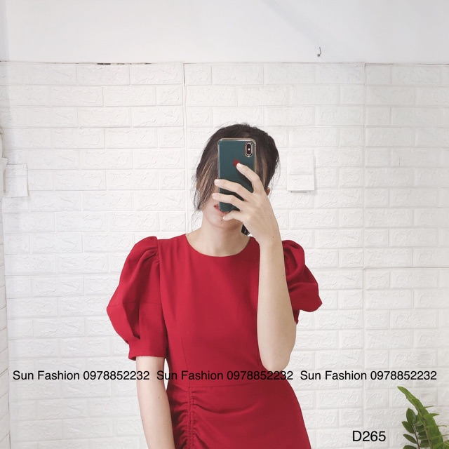 Đầm đỏ tay phồng đuôi cá rút dây Sun Fashion