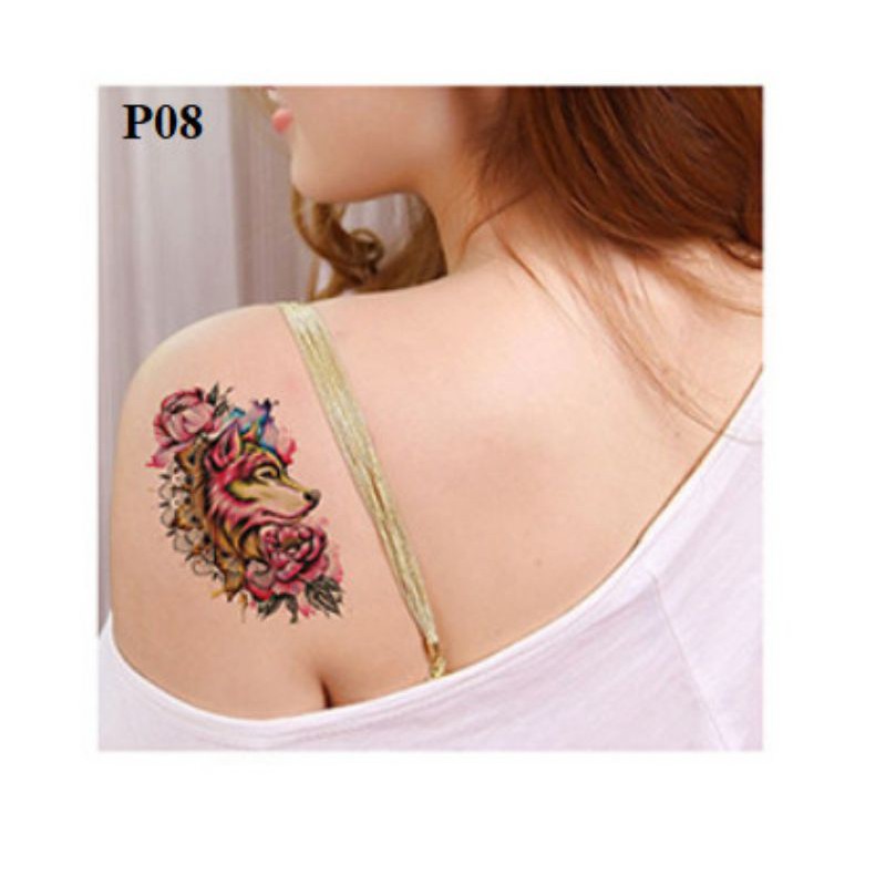 Hình xăm chó sói mini p08. Xăm dán tatoo mini tạm thời, size &lt;10x6cm