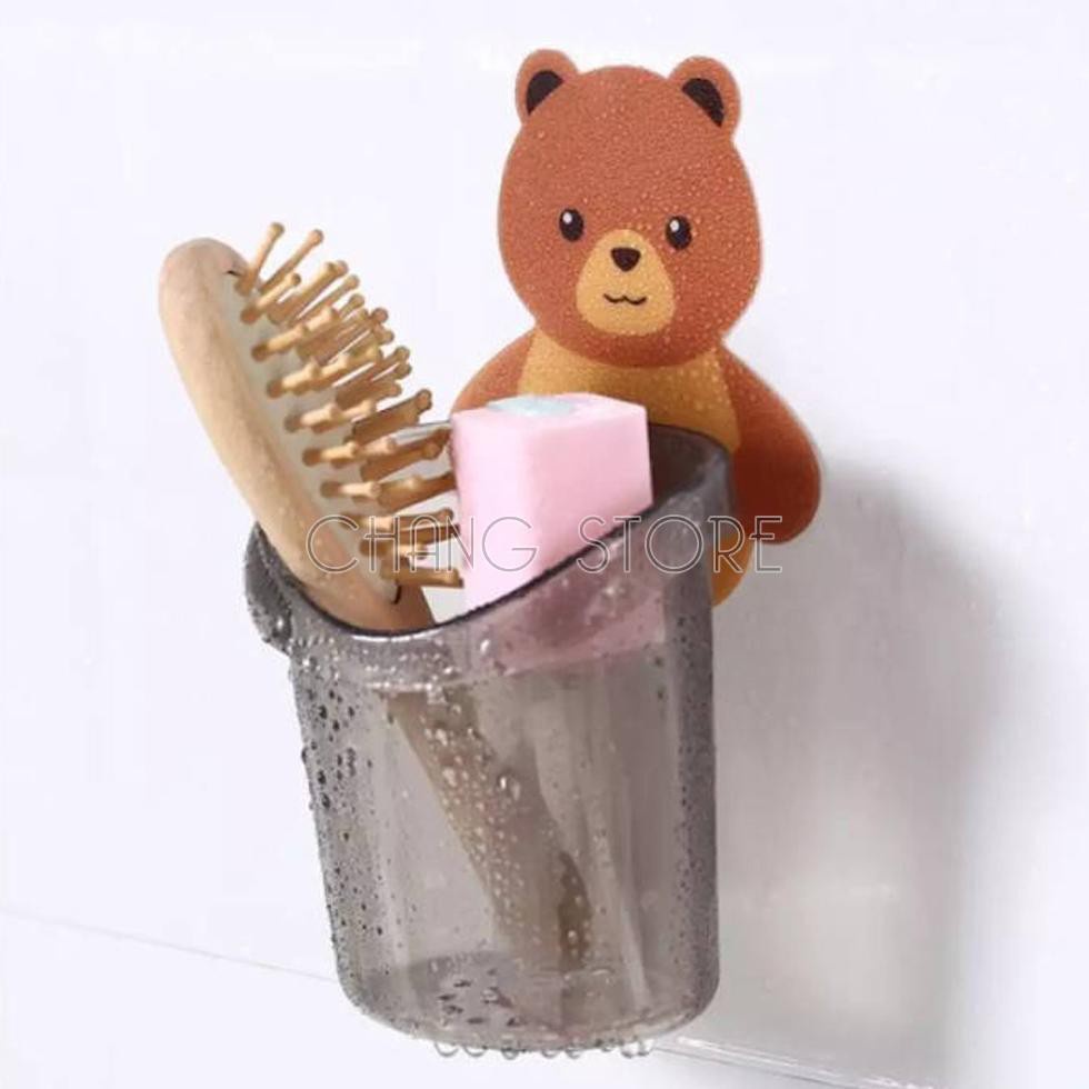 Ly cốc đựng bàn chải kem đánh răng dán tường hình gấu chất liệu nhựa cao cấp, độ bền cao