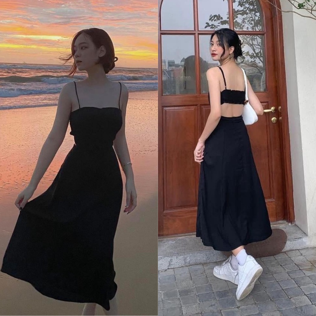 Đầm 2 dây đen maxi đi biển, Váy hai dây hở lưng Cao Cấp form vintage dáng xòe, có sẵn mút ngực - MiNhi Fashion