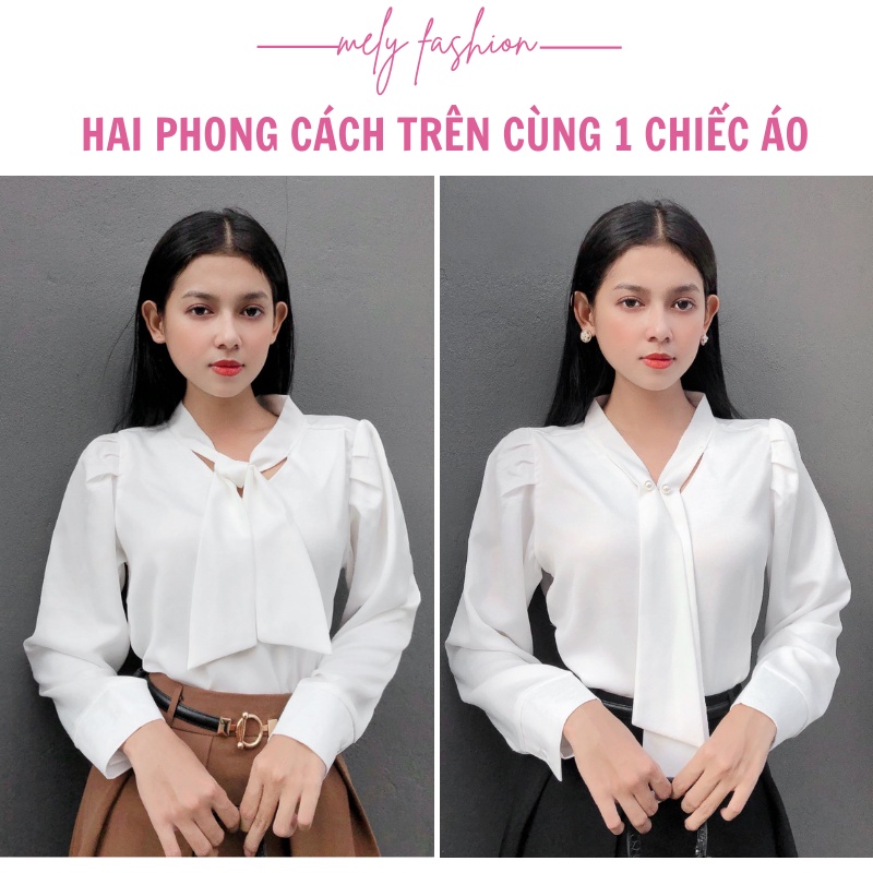 Áo sơ mi công sở nữ lụa trắng đẹp form rộng cổ V dây nơ gài ngọc kiểu sang trọng có BIGSIZE đi làm đi chơi đi học ASM04