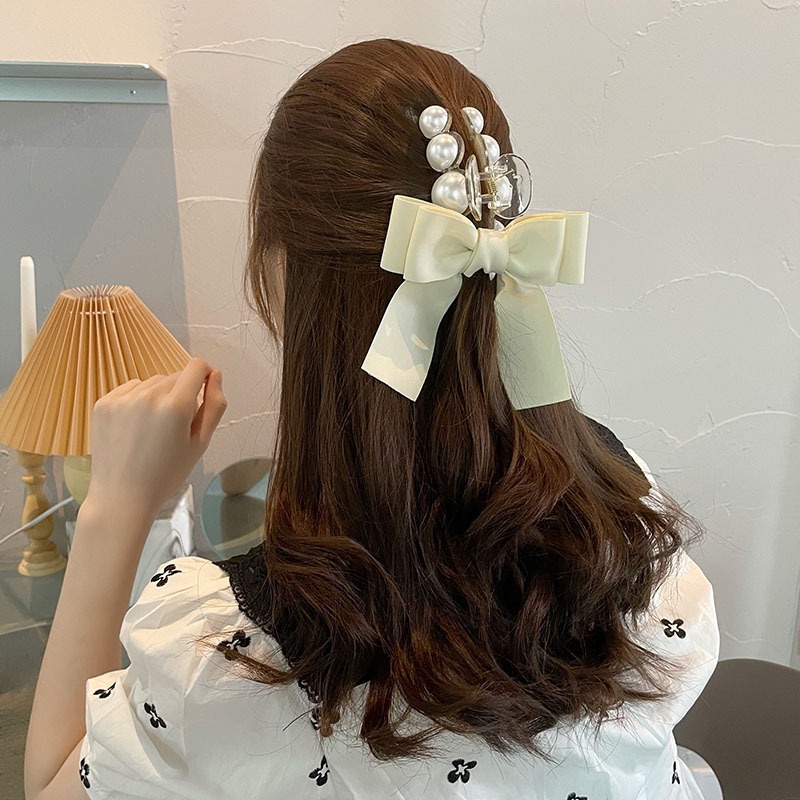 Kẹp Tóc Đính Nơ Ruy Băng Và Ngọc Trai Phong Cách Hàn Quốc Dành Cho Nữ