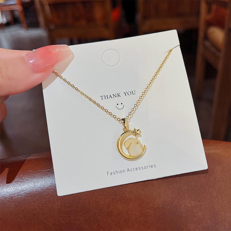 XiaoboACC Vòng cổ Thép Titan Mặt Hình Thỏ Và Mặt Trăng Phong Cách Trung Quốc - 40CM + 6CM