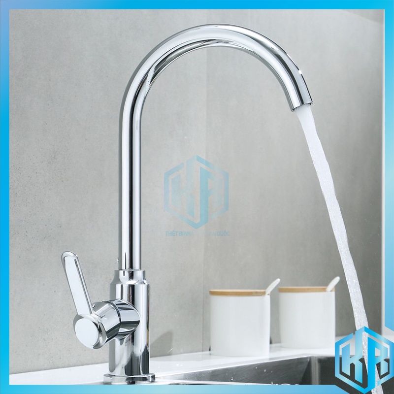 Vòi Rửa Chén Bát Nóng Lạnh Inox 304 Cổ Bi Thân Cứng Mạ Màu Bạc Với Cần Gạt Dẹt, Đầu Vòi Tạo Bọt, Chống Giọt Bắn Cao Cấp