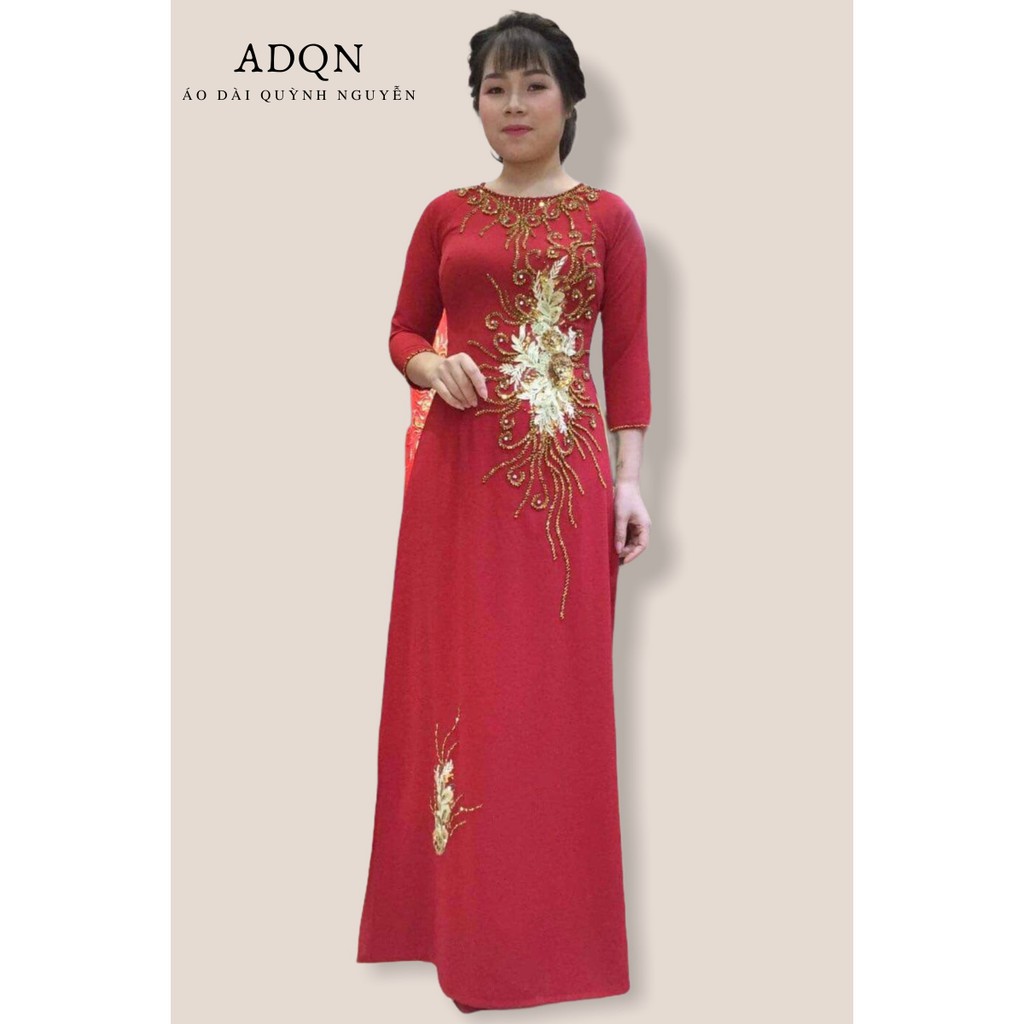 Áo dài lụa nhật kết đá pha lê cao cấp mềm mịn chuẩn form, đủ size từ 40-70kg MÃ đỏ đô hoa vàng đồng