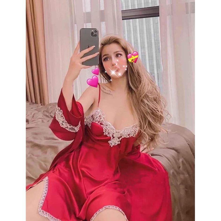 Set đồ ngủ lụa 4 món viền ren thêu hàng cao cấp