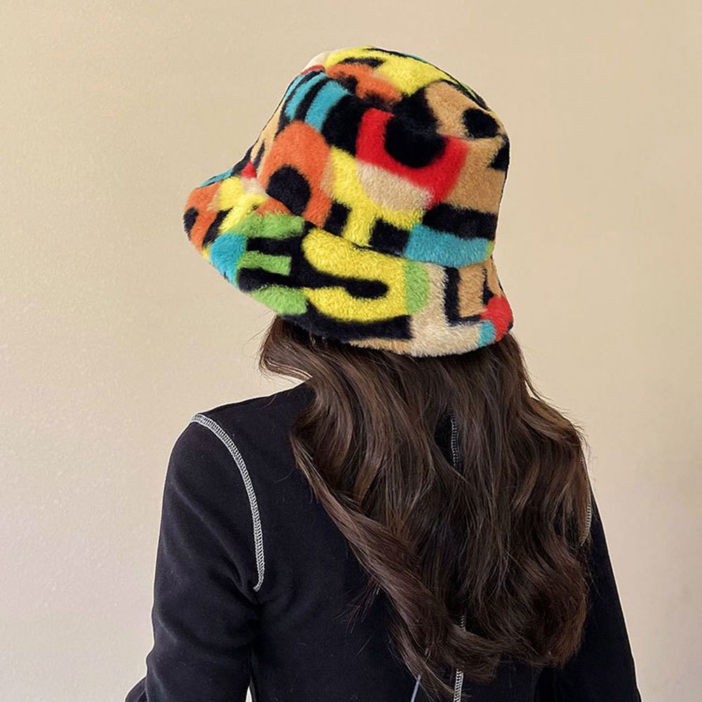 Mũ bucket lông giả mềm mại giữ ấm in chữ họa tiết rằn ri phong cách Hàn Quốc cho nữ