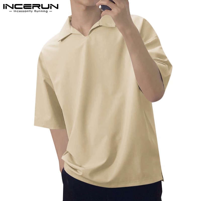 Áo thun Polo INCERUN tay ngắn dáng rộng trẻ trung với 4 màu cá tính dành cho nam