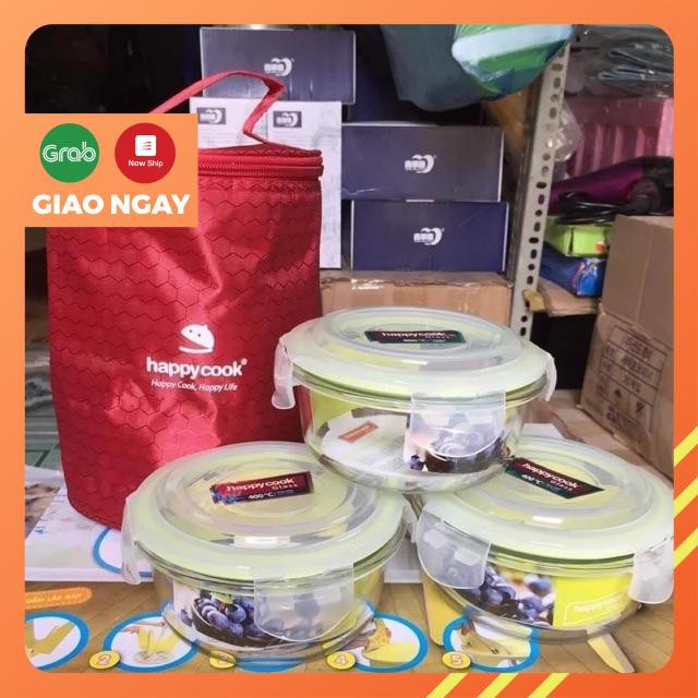 BỘ 3 HỘP THUỶ TINH HAPPY COOK KÈM TÚI GIỮ NHIỆT