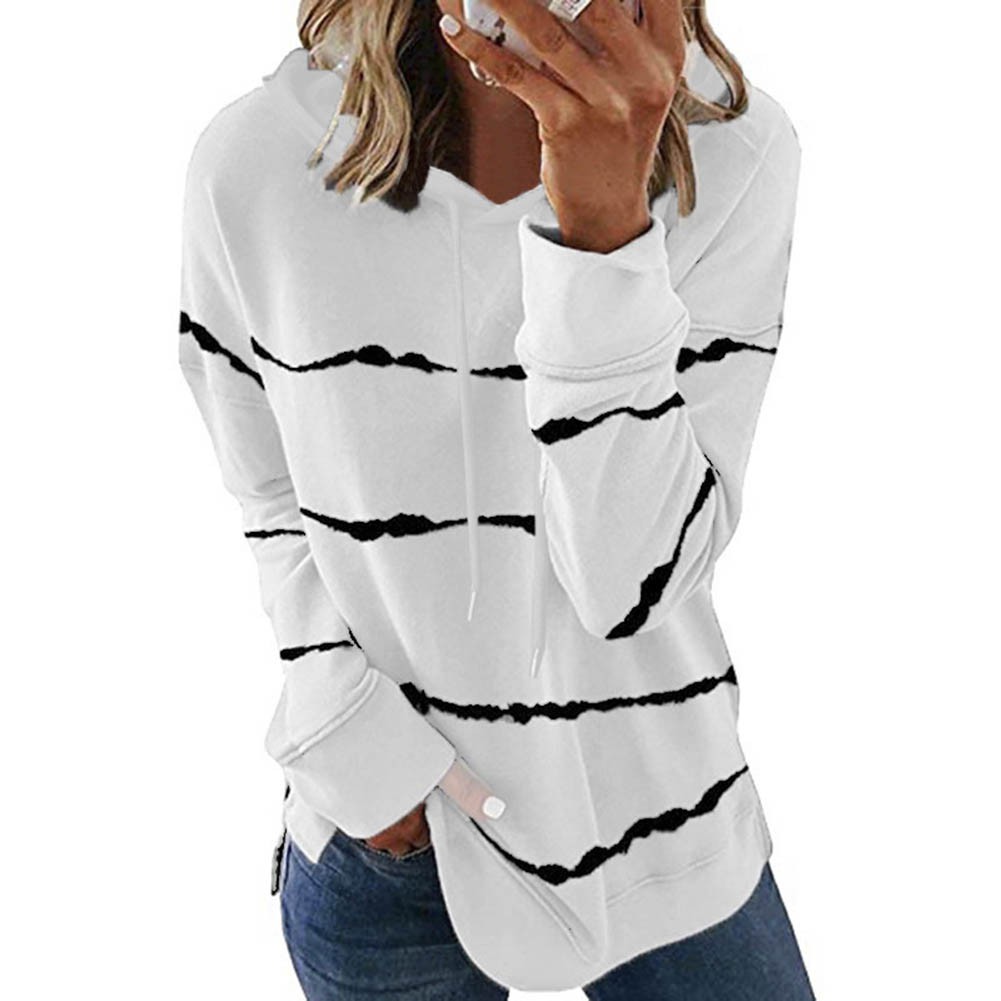 READY☆FOBE√Women Stripe Printed Loose Casual Hoodies Hooded Sweatshirt Sweetwear Tops